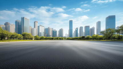 Obraz premium Pusty asfaltowy pas, który prowadzi przez nowoczesne miasto z imponującymi wieżowcami w tle. Wysokie budynki z przeszklonymi fasadami odbijają światło słoneczne, tworząc efektowną panoramę. 