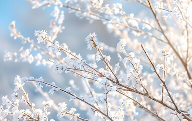 Tree branches covered with snow in winter, close-up, background