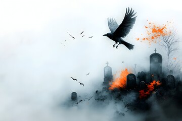 Fototapeta premium Haunting graveyard vignette enveloped in a heavy obscuring fog with cracked and aged tombstones dotting the landscape A majestic raven emerges from the mist in a dramatic upward flight