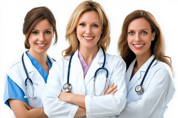 Fototapeta premium Three healthcare professionals in lab coats and stethoscopes posed in a studio