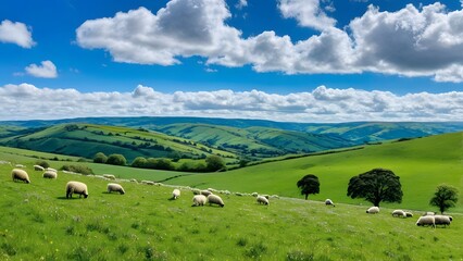 A vast expanse of rolling green hills, with patches of wildflowers and grazing sheep dotting the landscape, under a bright, clear blue sky