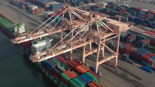 ASAN, SOUTH KOREA - OCTOBER 16, 2024: Container cranes operate at busy port unloading cargo from ships in Asan's bustling shipping hub