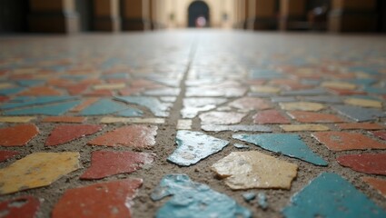 Naklejka premium Vibrant mosaic tiled floor in historic building aged with colorful geometric patterns