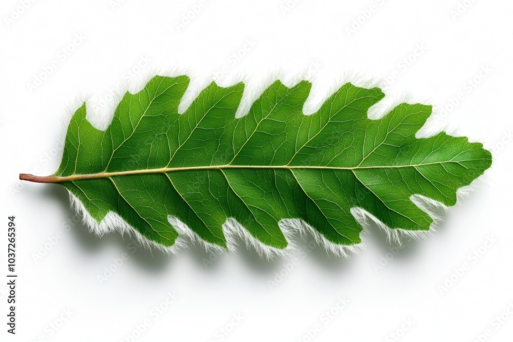 Poster a single acacia leaf floating on a plain white background, its feathery, intricate texture creating 