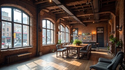 Modern loft apartment with industrial beams brick walls and large urban windows