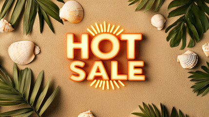 Bright and vibrant HOT SALE announcement surrounded by tropical leaves and seashells, perfect for summer promotions and beach themed marketing