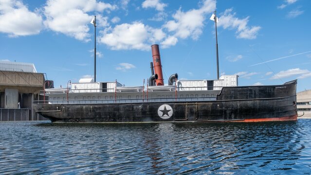 Sculpture of a Black Star Line ship by Tavares Strachan on the top of the Hayward Gallery