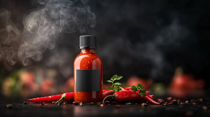 bottle of spicy hot sauce stands prominently against dark background, surrounded by fresh red chili peppers and aromatic herbs. smoky atmosphere enhances allure of this flavorful condiment