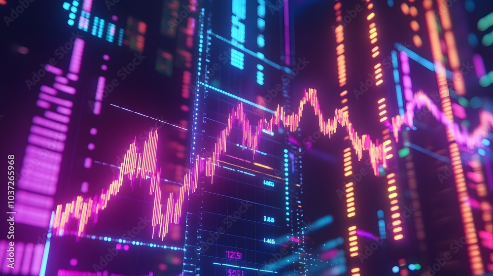 Poster a vibrant digital visualization of stock market trends with colorful graphs and data points represen