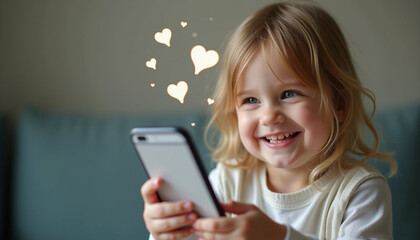 Fototapeta premium A happy little child holds a phone surrounded by bright digital icons of hearts, stars, messages, comments, social media and digital communication