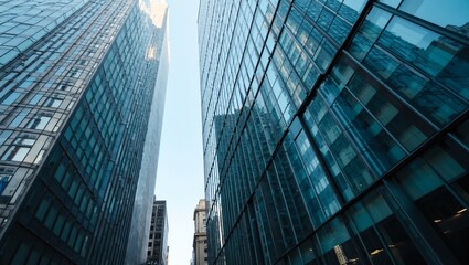 Fototapeta premium Modern office building with sleek mirrored facade reflecting cityscape