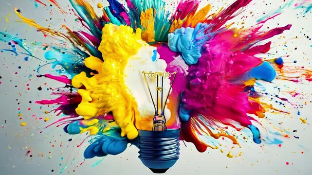 Creative concept light bulb explodes with colorful water colors on a light white background. Think different, creative idea. Productivity and creativity 4k video