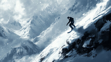 Ujęcie snowboardzisty w trakcie imponującego skoku nad zaśnieżonymi stokami g&oacute;rskimi. 