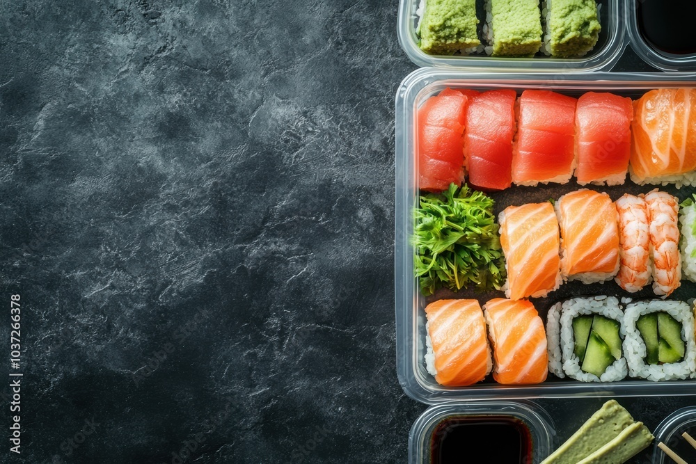 Poster a beautiful selection of sushi rolls, sashimi, and accompaniments arranged neatly on elegant platter