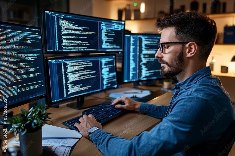 Fototapete A software engineer coding at a workstation, surrounded by multiple monitors displaying lines of code and system diagrams