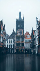 Fototapeta premium A tall, pointed spire dominates the skyline of a historic European city.