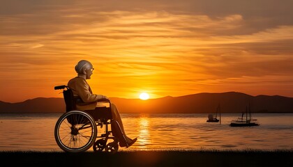 Fototapeta premium Old woman in wheelchair looking at the sunset
