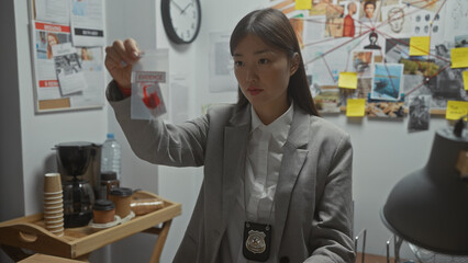 Asian woman detective analyzing evidence in a cluttered investigation office.