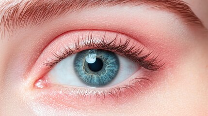 Obraz premium Close-up view of a human eye with vibrant blue iris and long eyelashes, emphasizing detail and beauty.