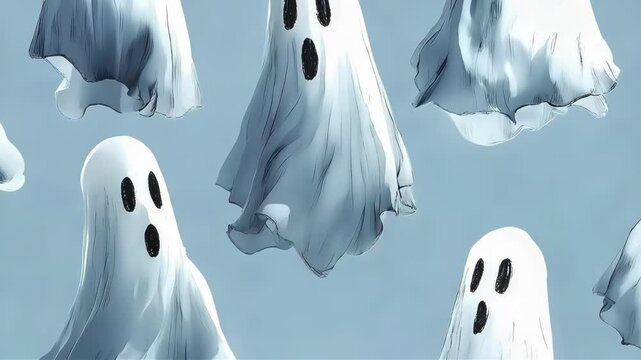 A whimsical pattern of animated ghost characters in various poses.
