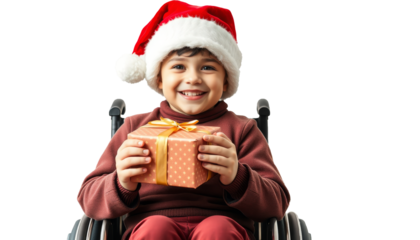 kid sit on wheel chair with christmas gift