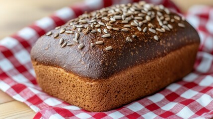 Naklejka premium Freshly baked whole grain bread topped with sunflower seeds on a checkered cloth