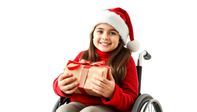  kid sit on wheel chair with christmas gift