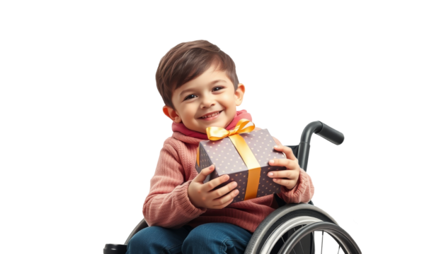  kid sit on wheel chair with christmas gift