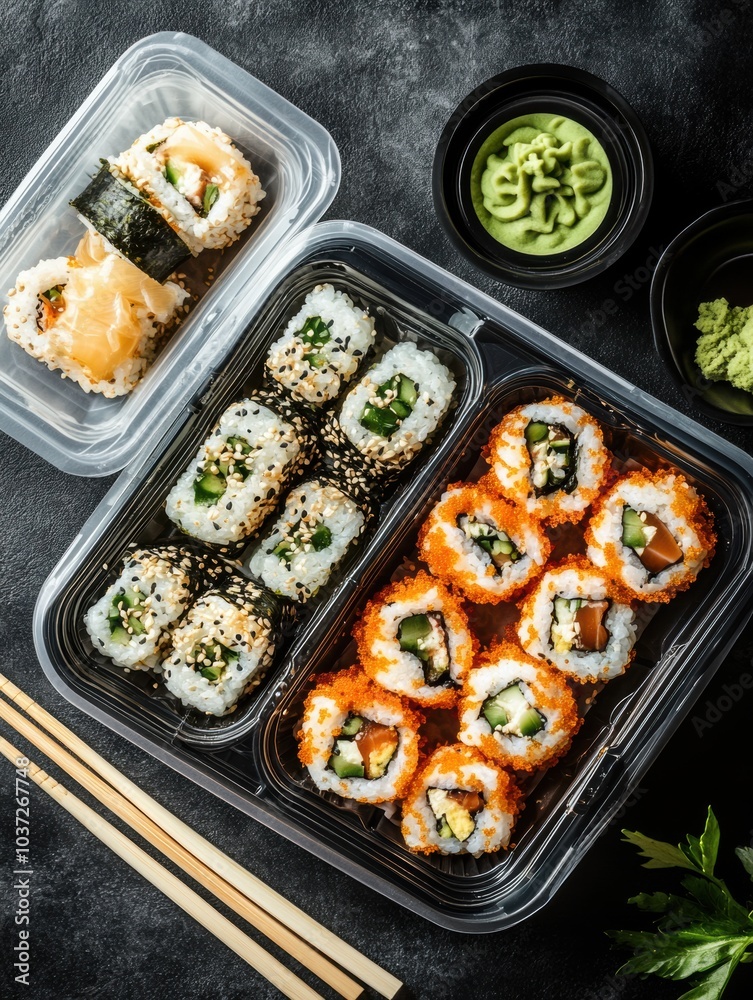 Poster sushi of several types is elegantly arranged on trays, making it an enticing choice for catering at 