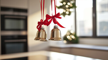 Golden Christmas bells with red ribbons in modern kitchen decor