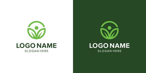 People and Leaves Line Art Logo Design Template. Natural Life and Care Symbol Icon Inspiration.