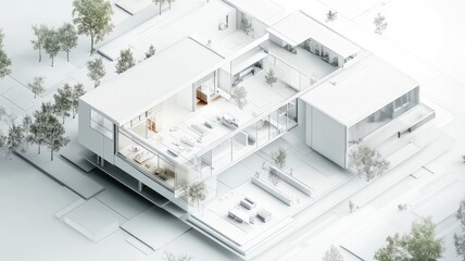 Aerial view of a modern architectural design with open spaces.
