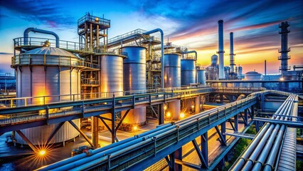 Fototapeta premium Industrial Landscape with Tanks and Bridge - Architectural Photography of a Large Industrial Area
