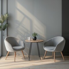 Table and two chairs in a counseling room with a gray background