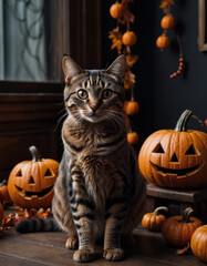 halloween cat with pumpkin