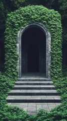 Obraz premium Stone archway overgrown with lush greenery leads to a mysterious hidden path.