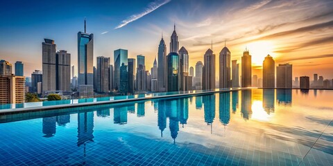 Obraz premium Infinity Pool with City Skyline View - Modern Skyscrapers and Serene Blue Water
