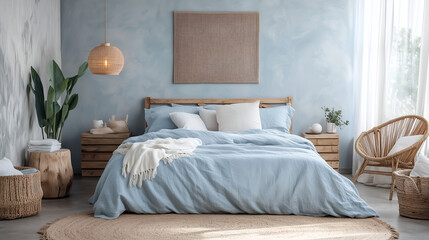 Bedroom Interior with Pale Blue Bedding and Brass Lighting, Modern and Cozy Home Decor