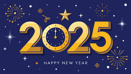 Naklejka premium Happy New Year 2025 Midnight Blue Background with Golden Stars and Clock Striking Midnight Vector Illustration