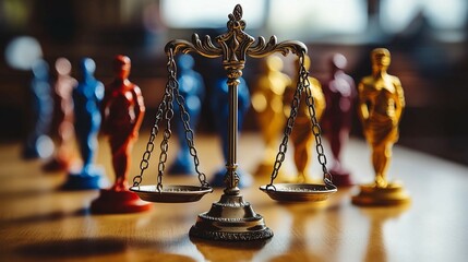 Two justice figurines on a wooden table depict the concept of equality, emphasizing racial and gender fairness in law.
