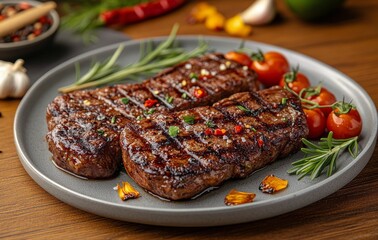 Juicy grilled steak served on a rustic plate with fresh herbs and ripe cherry tomatoes
