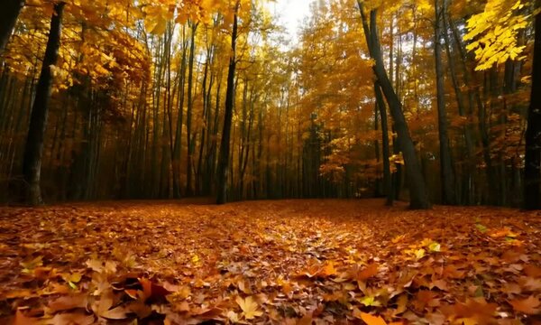 Stunning Autumn Landscape of a Tranquil Forest with Colorful Fall Leaves and Golden Sunlight Filtering Through the Trees