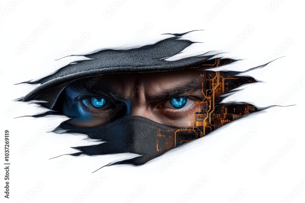 Poster black hat hacking, illustrated in a soft watercolor style, where the hacker and digital elements are