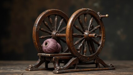 Vintage spinning wheel with intricate carvings and wool thread on spindle