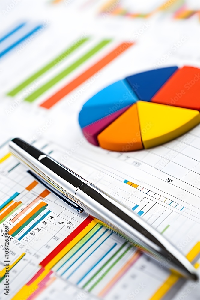 Poster A pen rests on colorful charts and graphs, highlighting data visualization with a pie chart in vibrant colors.