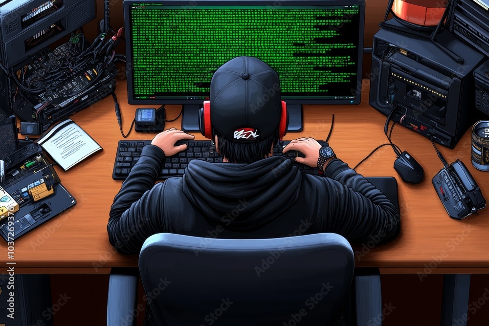 Poster Black hat hacking, shown in pixel art style, with a hacker sitting at an old computer while green pixelated code flows across the screen