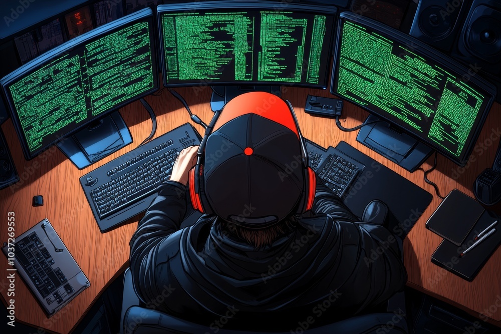 Poster black hat hacking, visualized in a retro style, with old-school computer monitors and green digital 