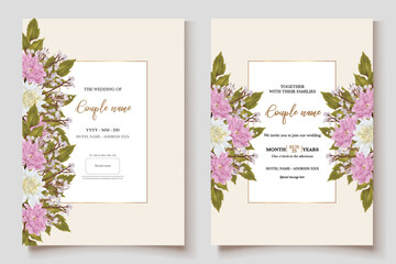 WEDDING INVITATION FRAME WITH FLOWER DECORATIONS AND FRESH LEAVES 