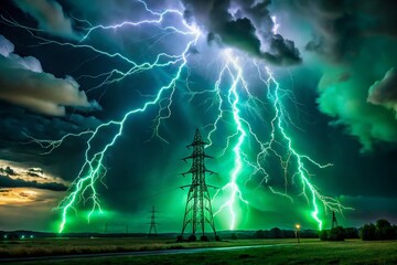 Intense Emerald Fury Lightning Storm Over Electrical Grid at Night - Dramatic Nature Photography