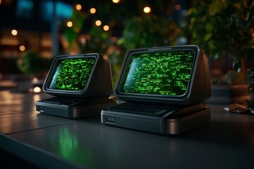 Black hat hacking, visualized in a retro style, with old-school computer monitors and green digital text reminiscent of vintage hacking movies
